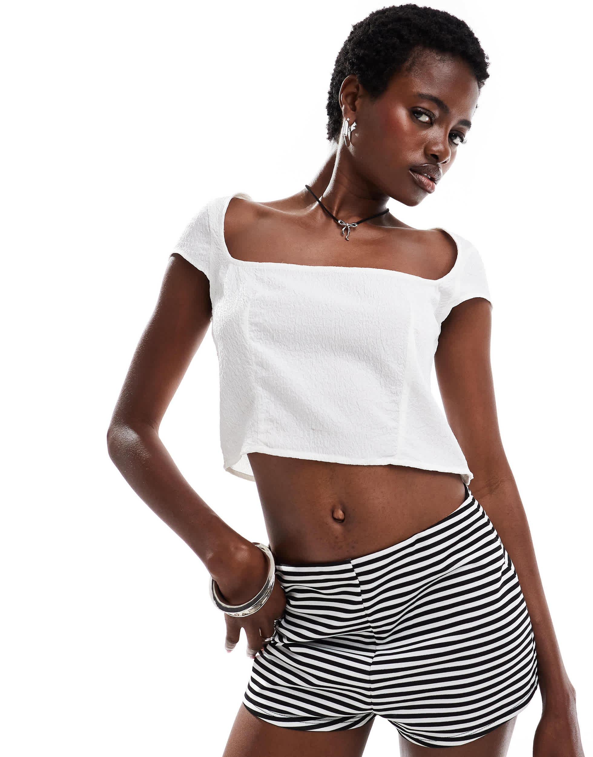 Monki short sleeve square neck with open back top in off white