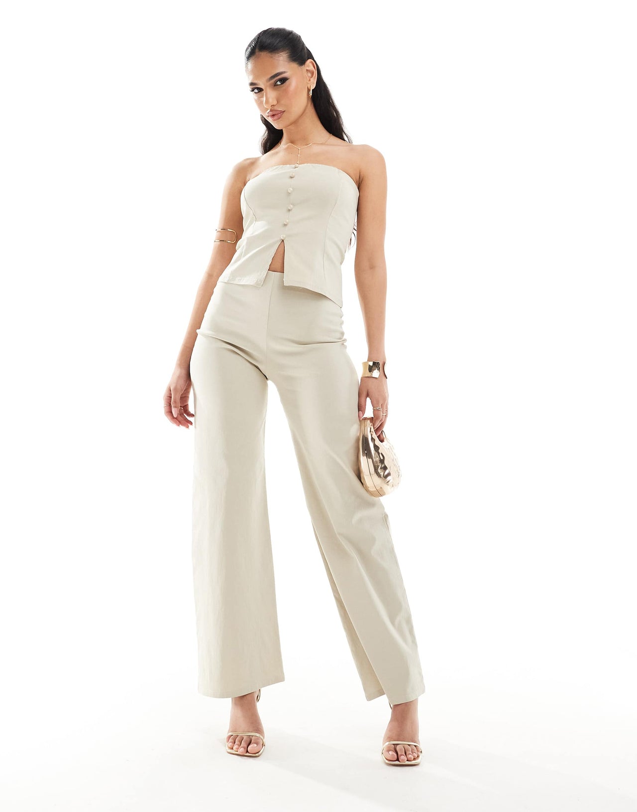 ASOS DESIGN co-ord clean button through bandeau  with split hem in stone