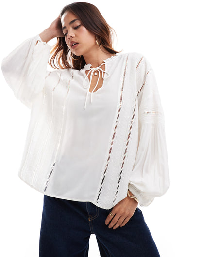 & Other Stories tie collar embroidered volume blouse in off-white