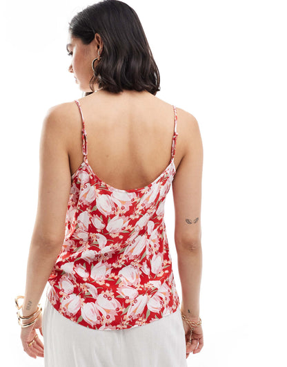 & Other Stories strappy cami top with front drawstring detail in red multi abstract floral