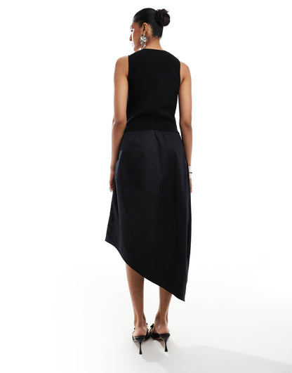 & Other Stories sleeveless contrast fabric midi dress with asymmetric hem in black
