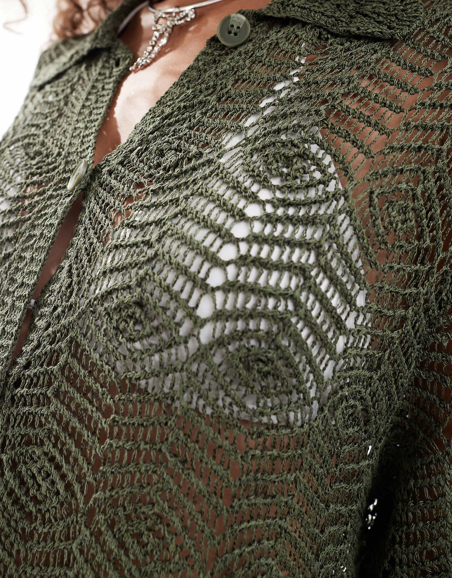 Monki short sleeve button down crochet knit shirt in green