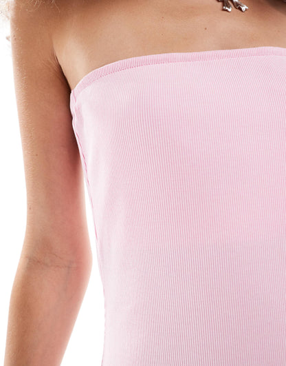 Monki jersey rib bandeau mini dress with swing hem in washed pink