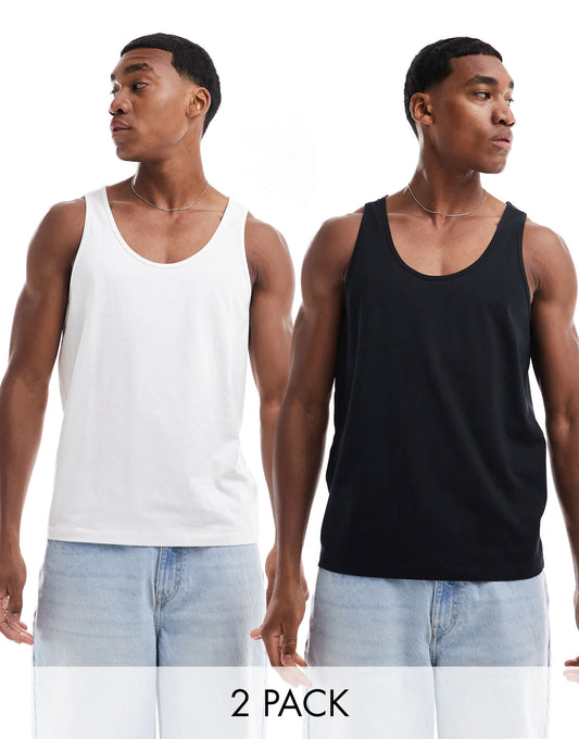 ASOS DESIGN 2 pack vests in black and white