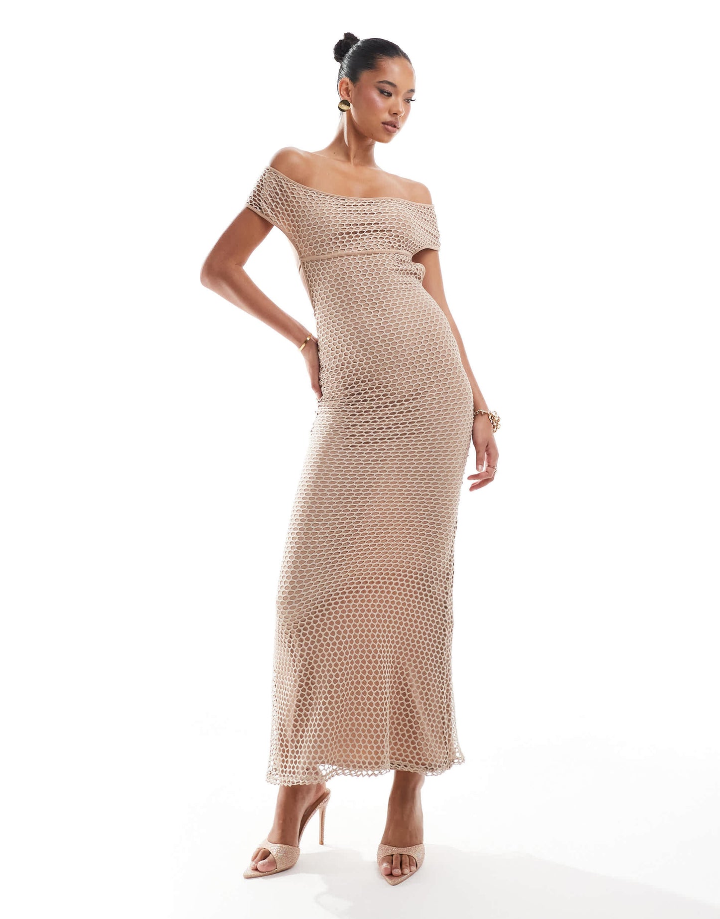 ASOS DESIGN shimmer open knit bardot maxi dress in gold