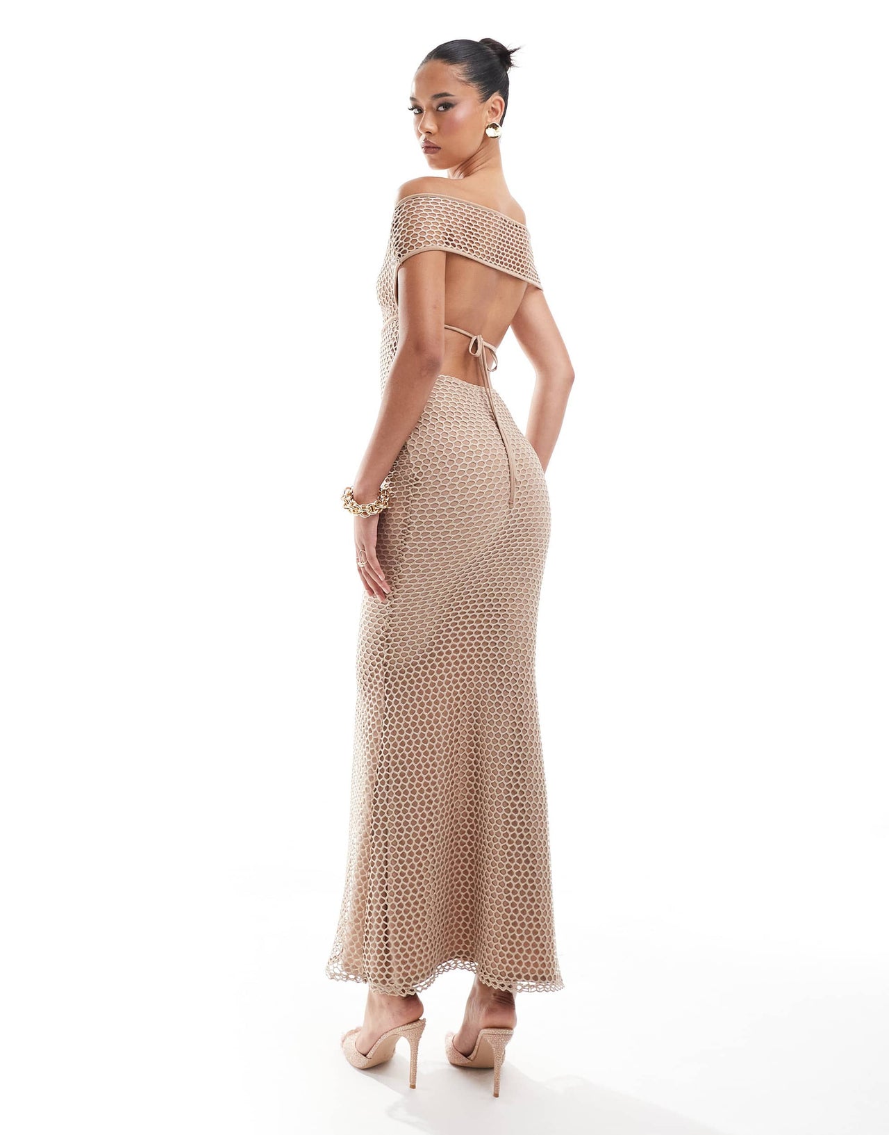 ASOS DESIGN shimmer open knit bardot maxi dress in gold