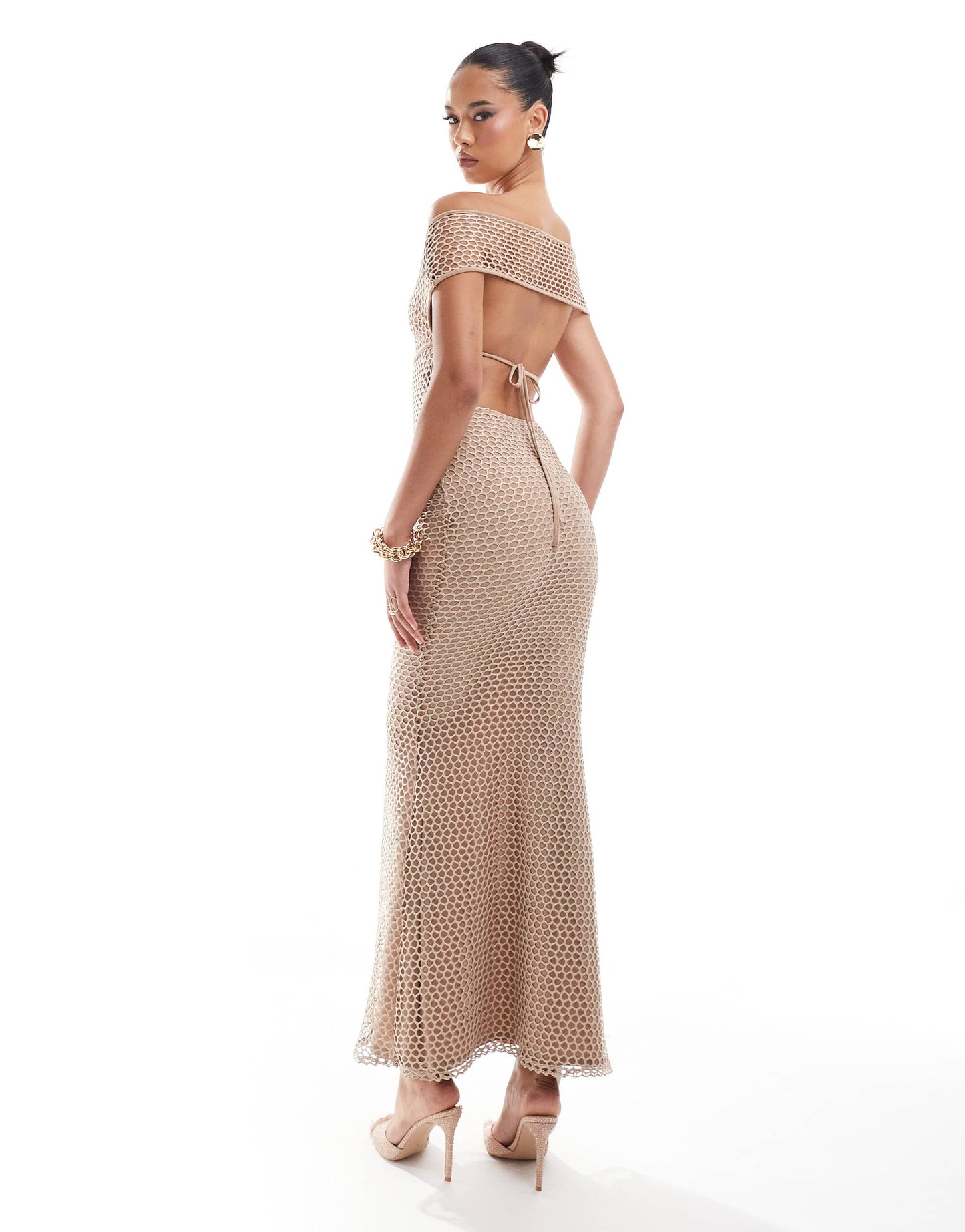 ASOS DESIGN shimmer open knit bardot maxi dress in gold
