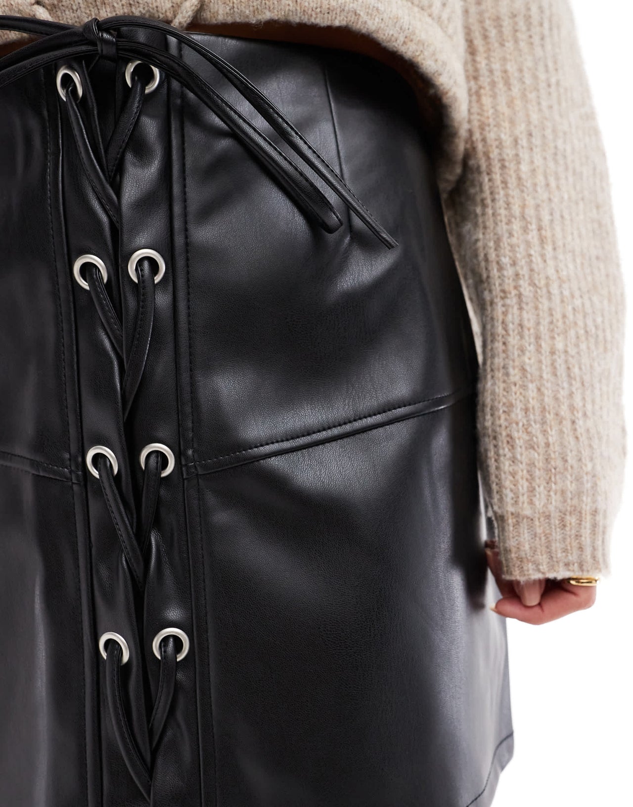 ASOS DESIGN lace up front leather look mini skirt in black