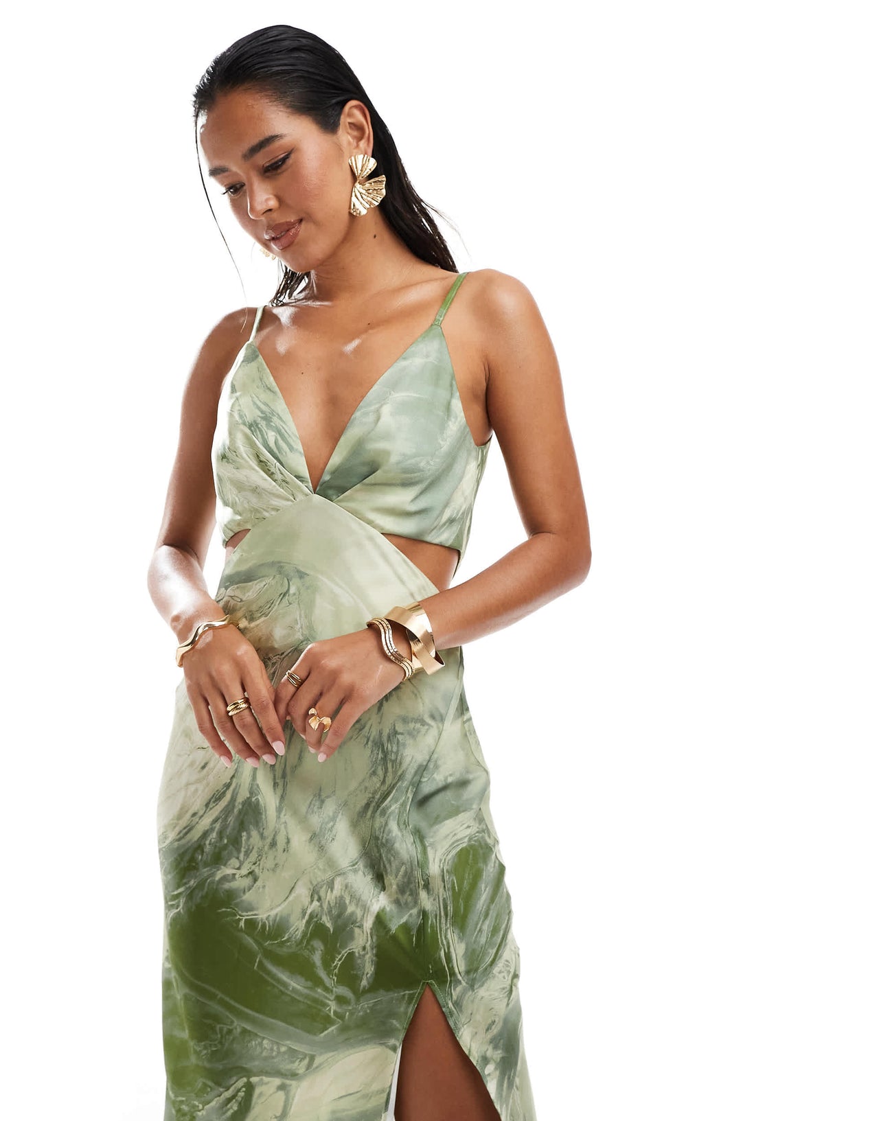 ASOS DESIGN satin cami strap pleated bust midi dress in green marble print