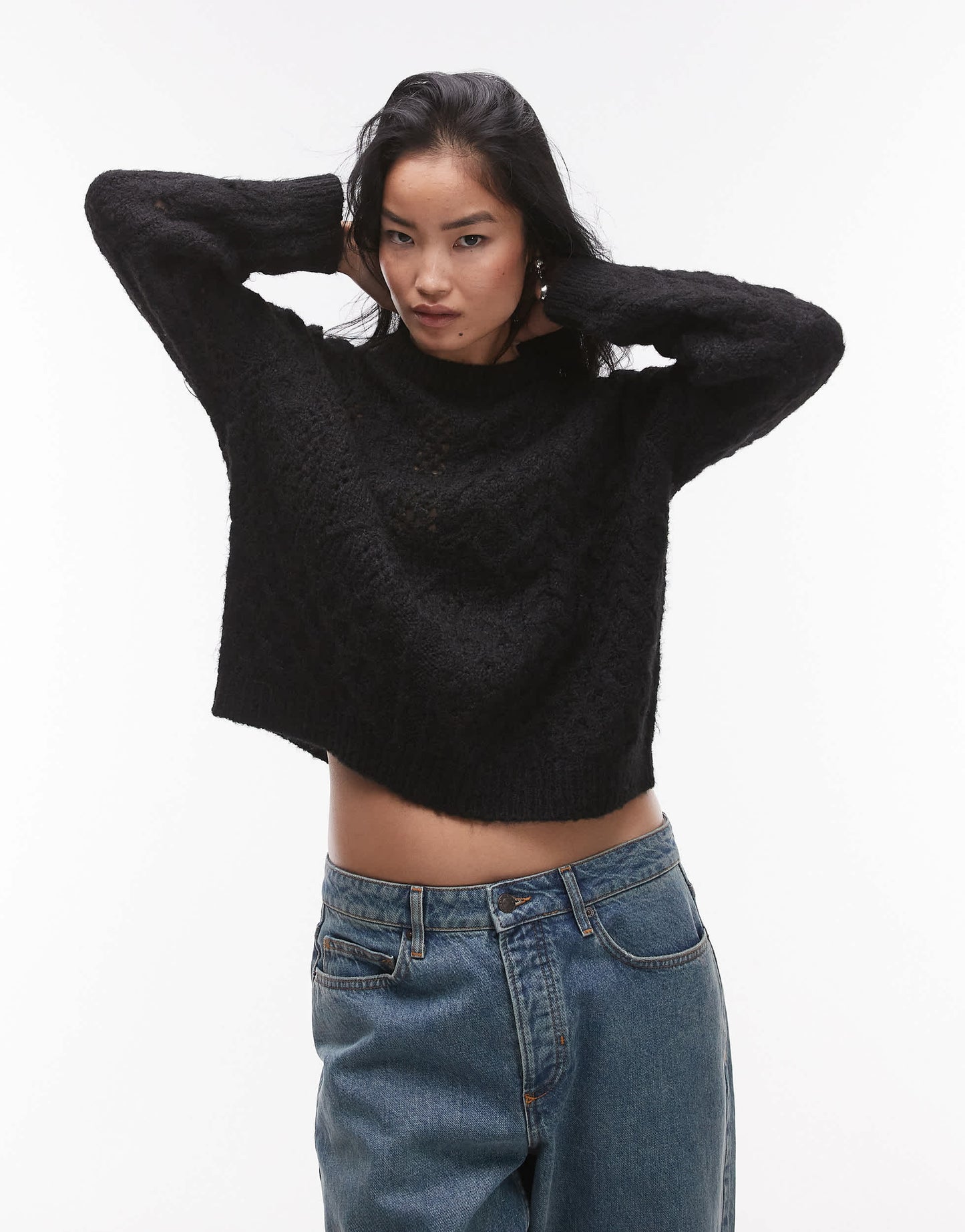 Topshop knitted lofty cable relaxed jumper in black