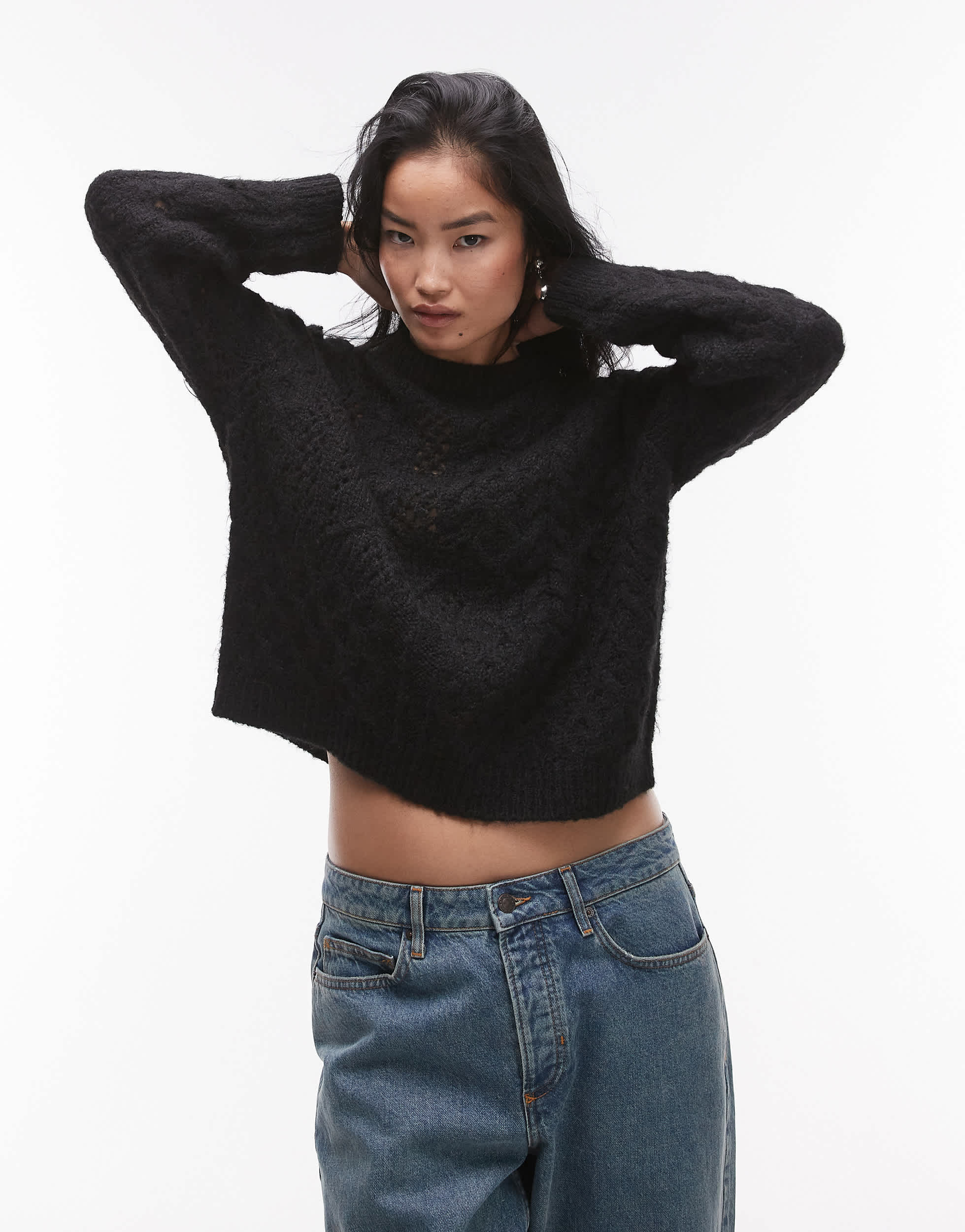 Topshop knitted lofty cable relaxed jumper in black