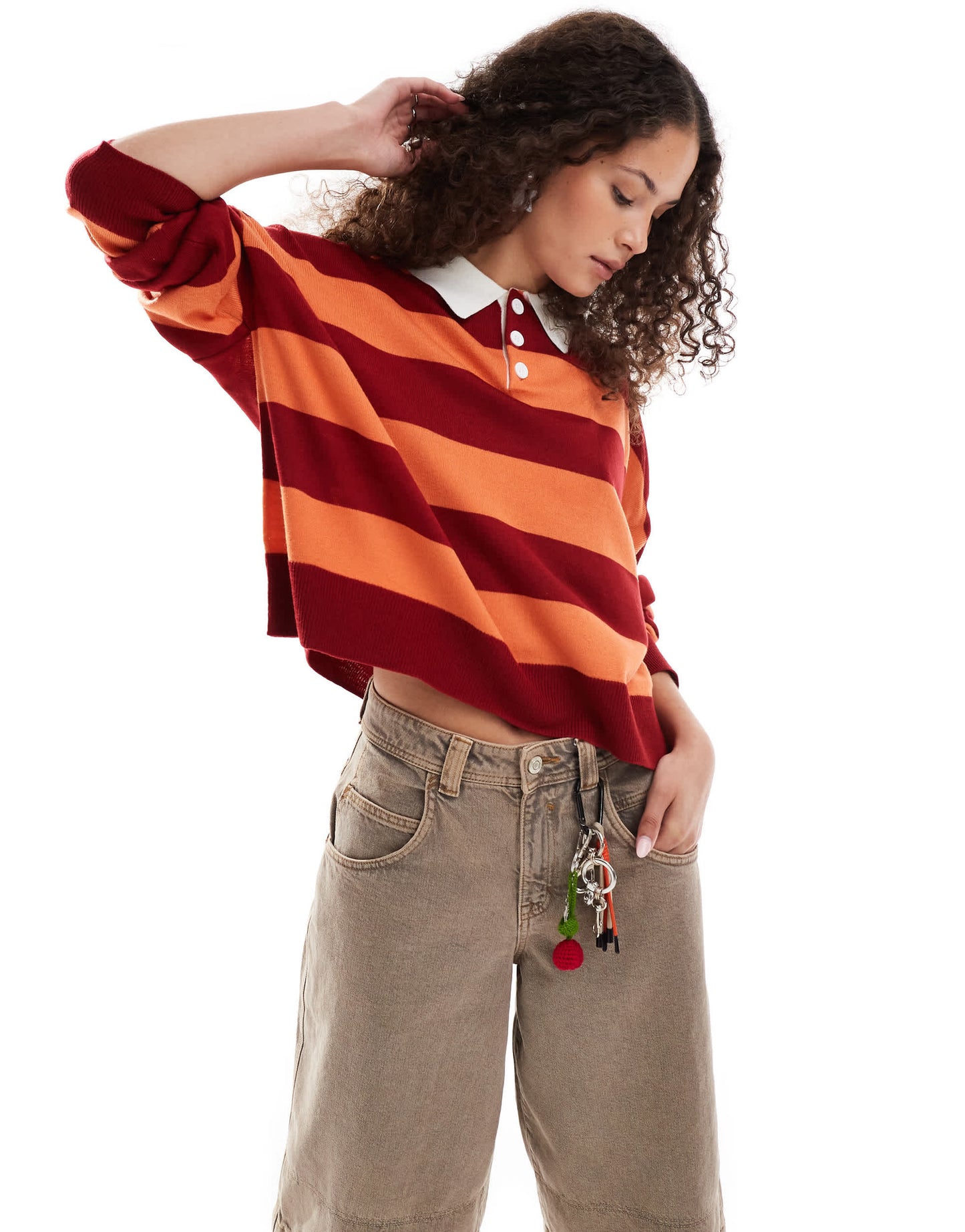 COLLUSION Polo stripe jumper with rugby collar in red stripe