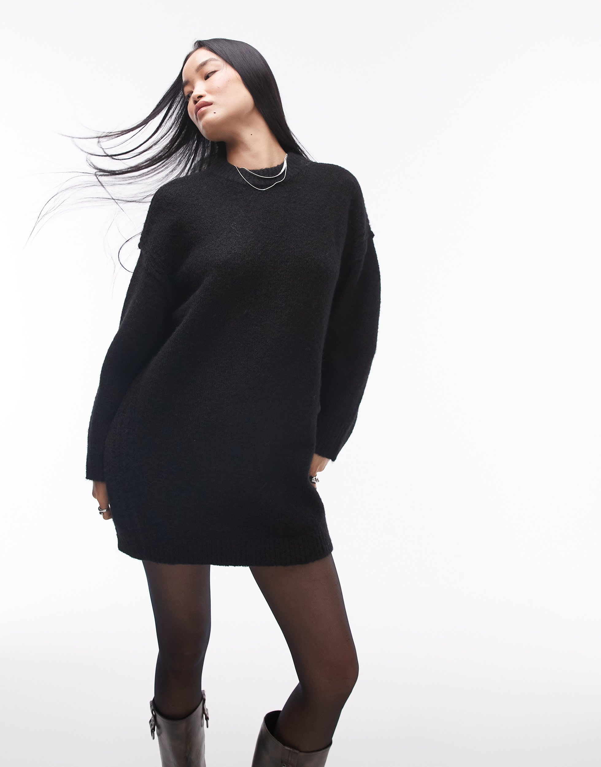 Topshop knitted oversized crew mini dress with exposed seam detail in black