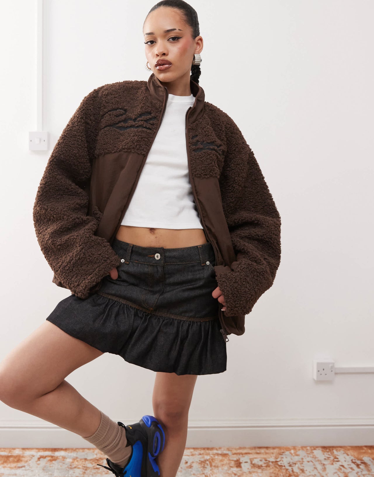 COLLUSION borg and nylon jacket in brown