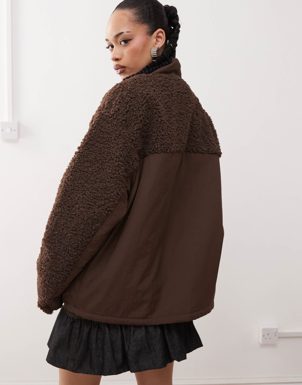 COLLUSION borg and nylon jacket in brown