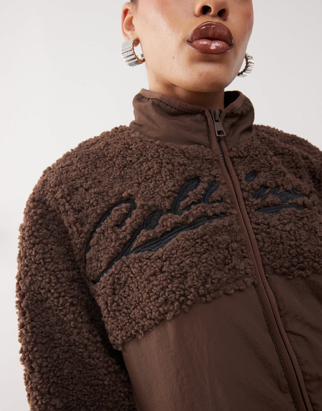 COLLUSION borg and nylon jacket in brown