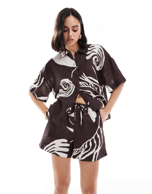 & Other Stories  co-ord  linen shorts with drawstring waist in bold abstract leaf print