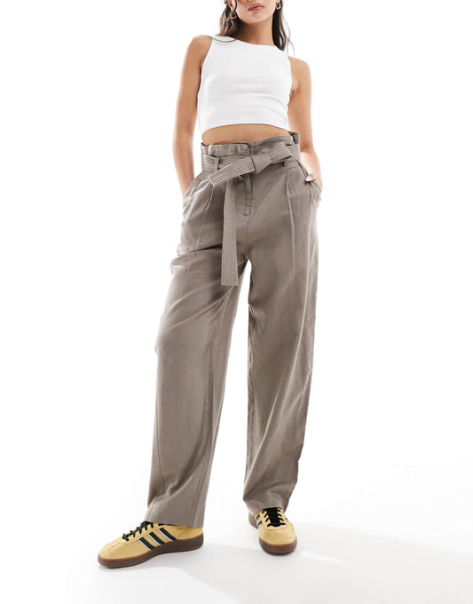 & Other Stories linen blend paper bag waist trousers in taupe