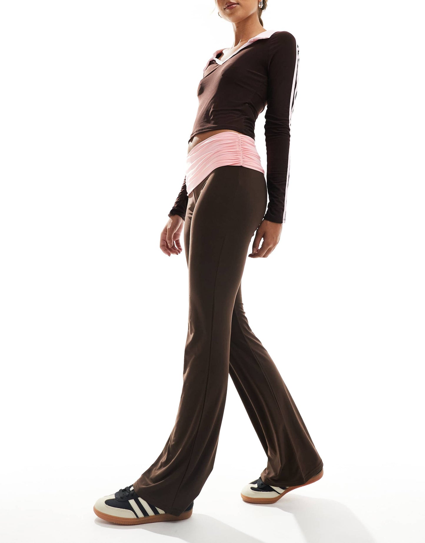 Daisy Street low rise fold over flare trouesrs in chocolate pink