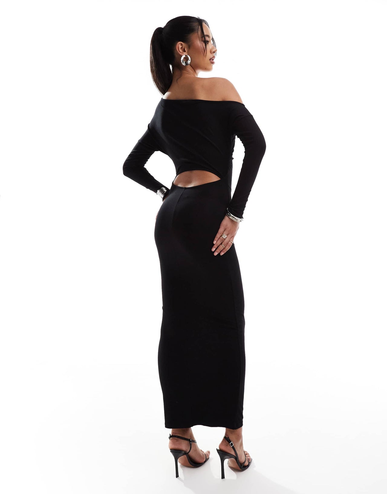 ASOS DESIGN slouchy off shoulder open back midi dress in black