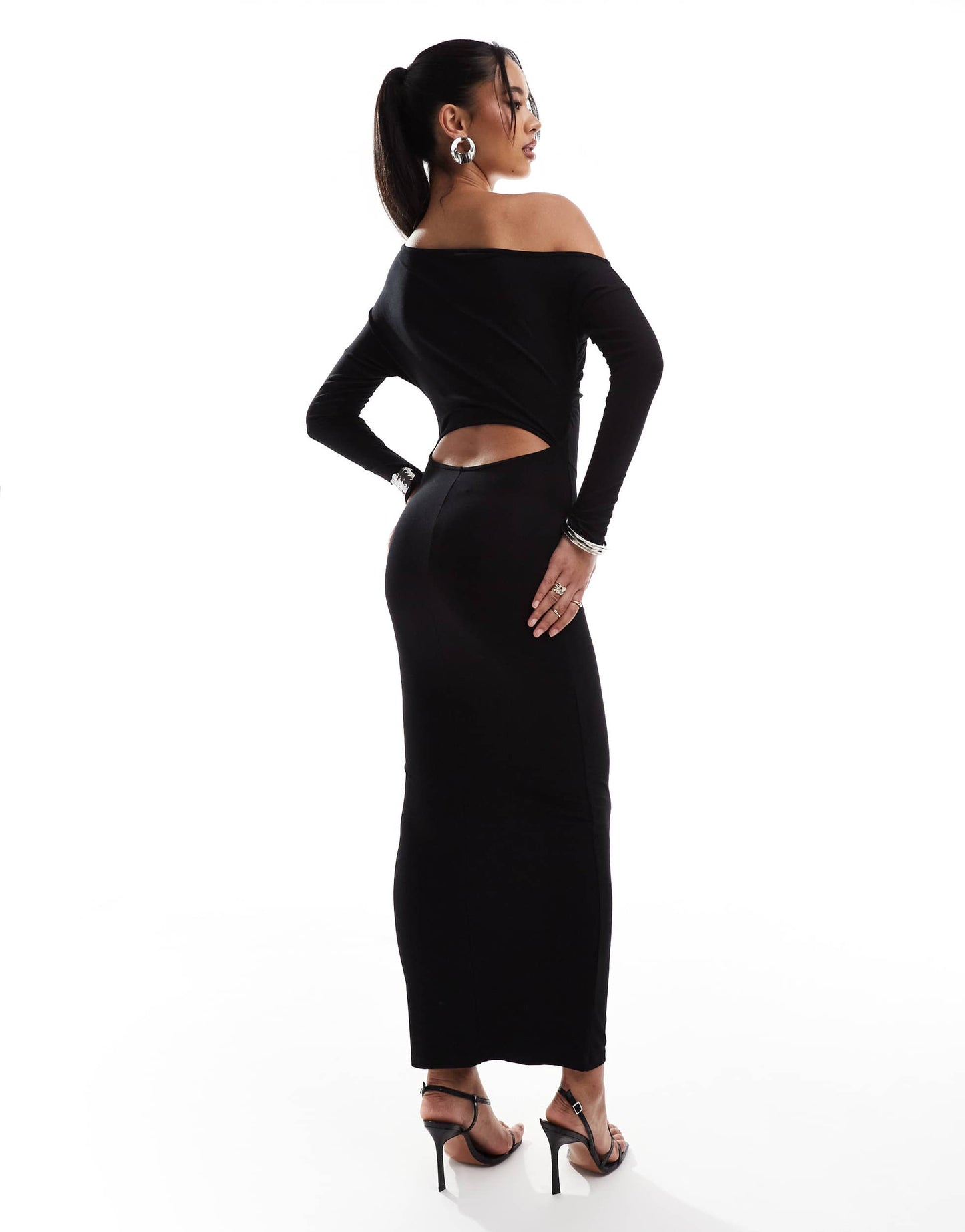 ASOS DESIGN slouchy off shoulder open back midi dress in black
