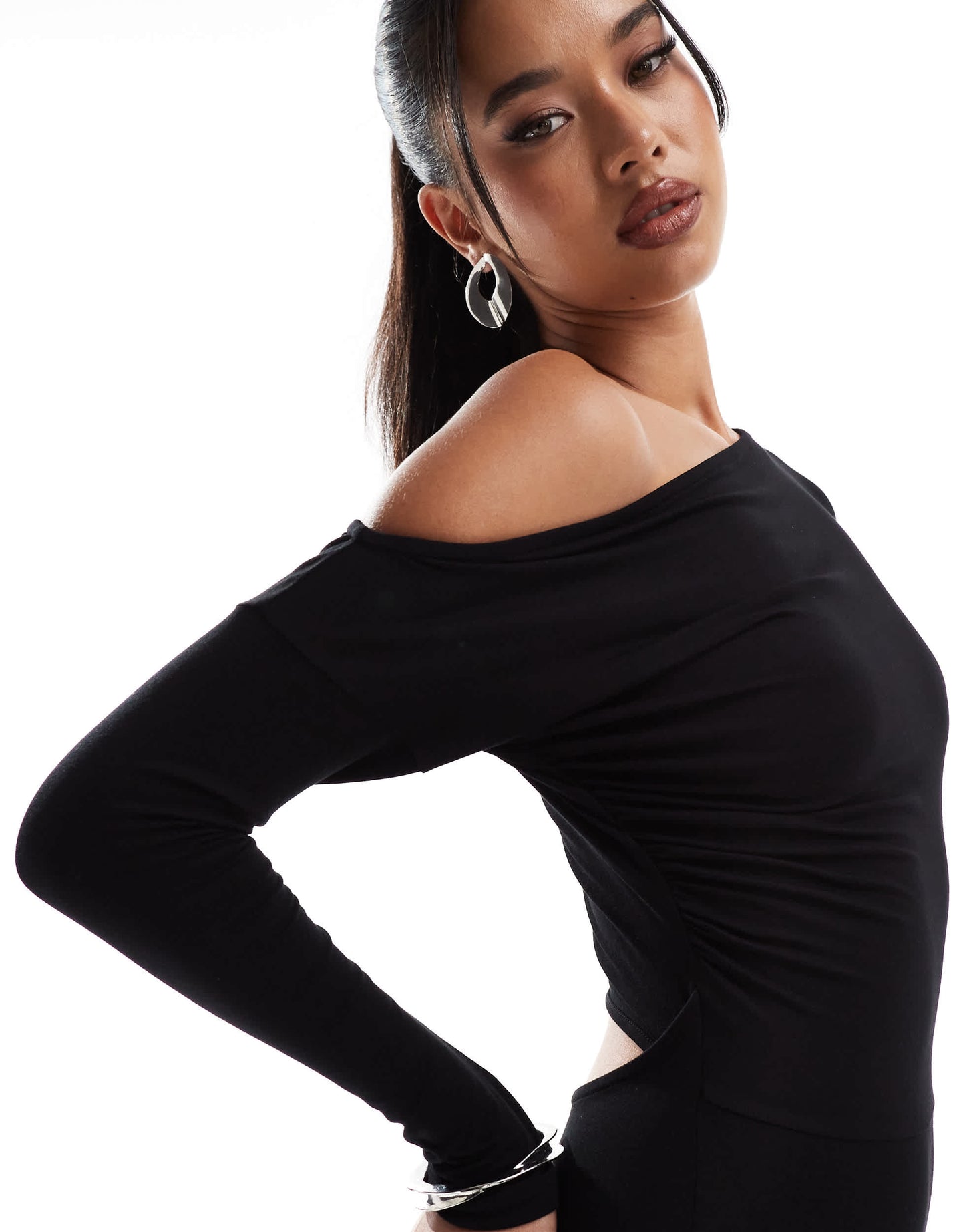 ASOS DESIGN slouchy off shoulder open back midi dress in black