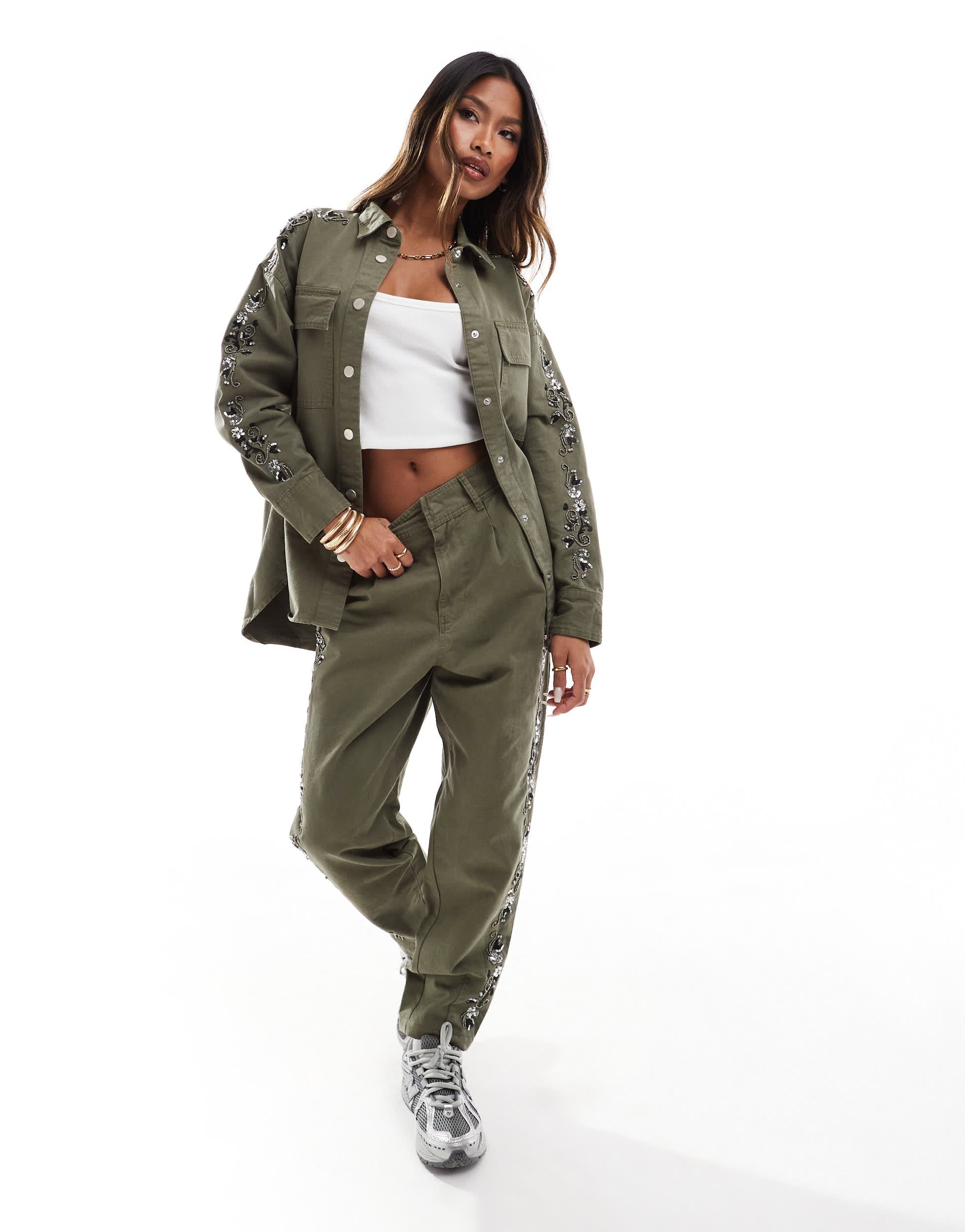 River Island embellished chino trouser co-ord in khaki