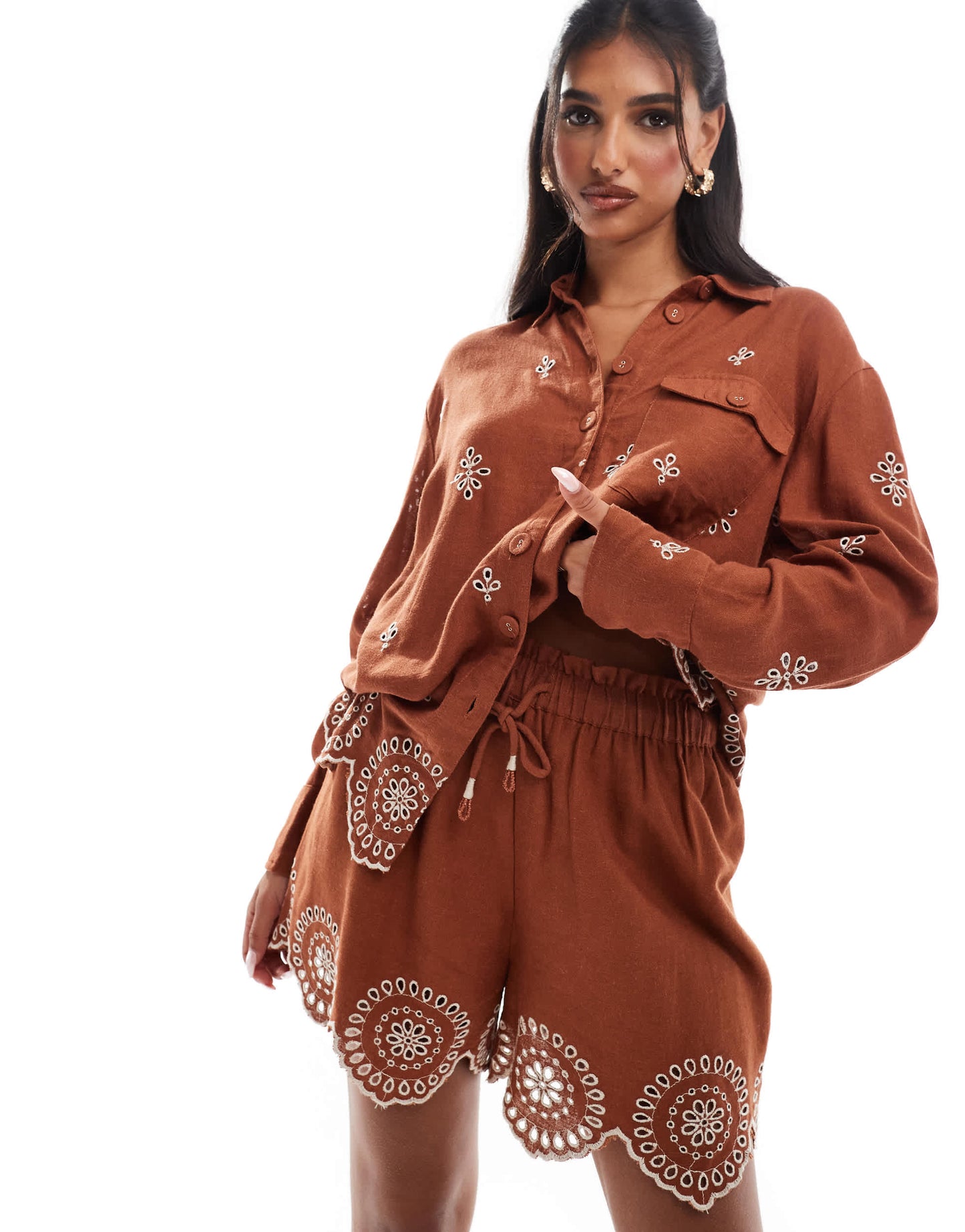 River Island broderie linen short co-ord in rust