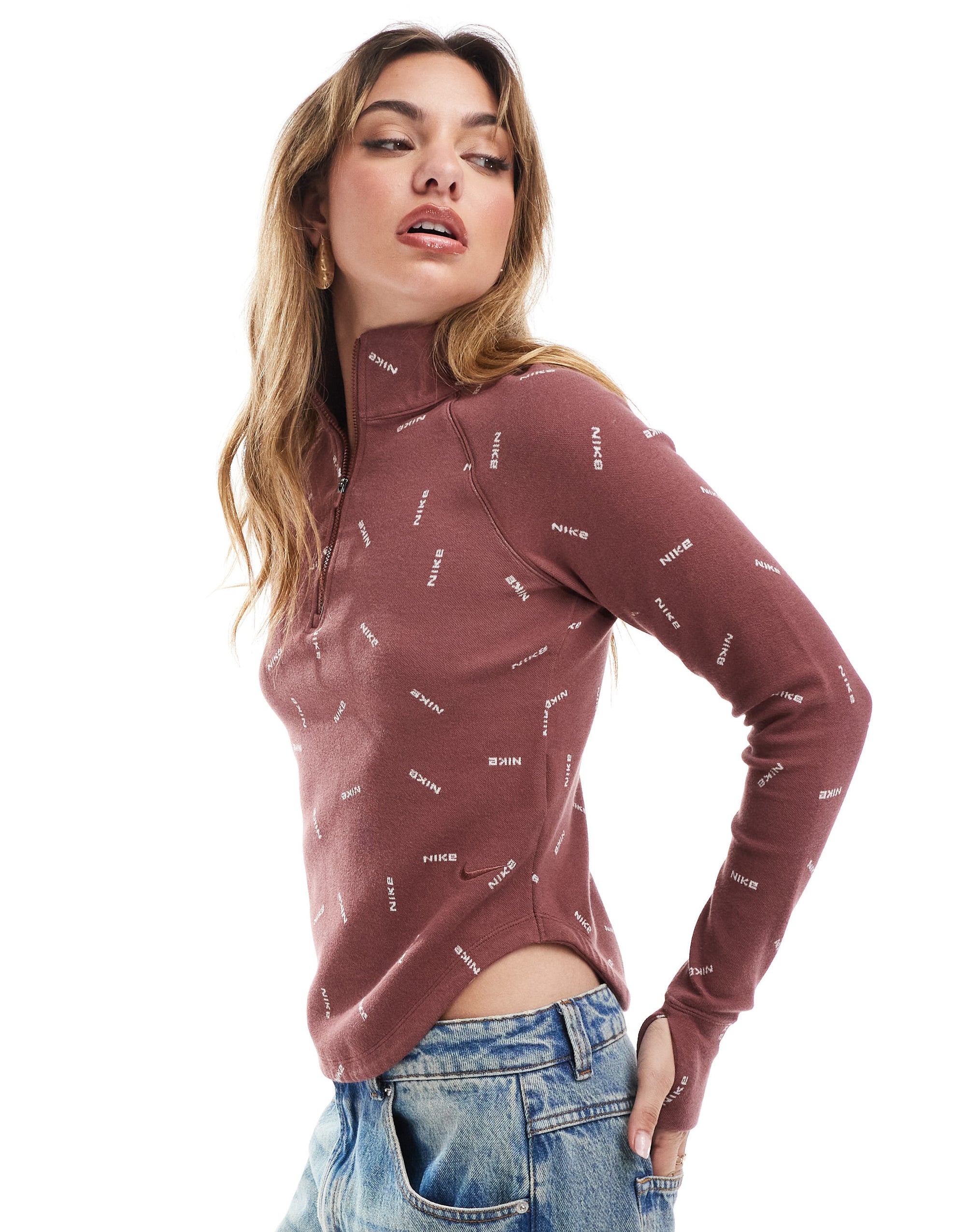 Nike Swoosh longsleeve half zip top in burgandy