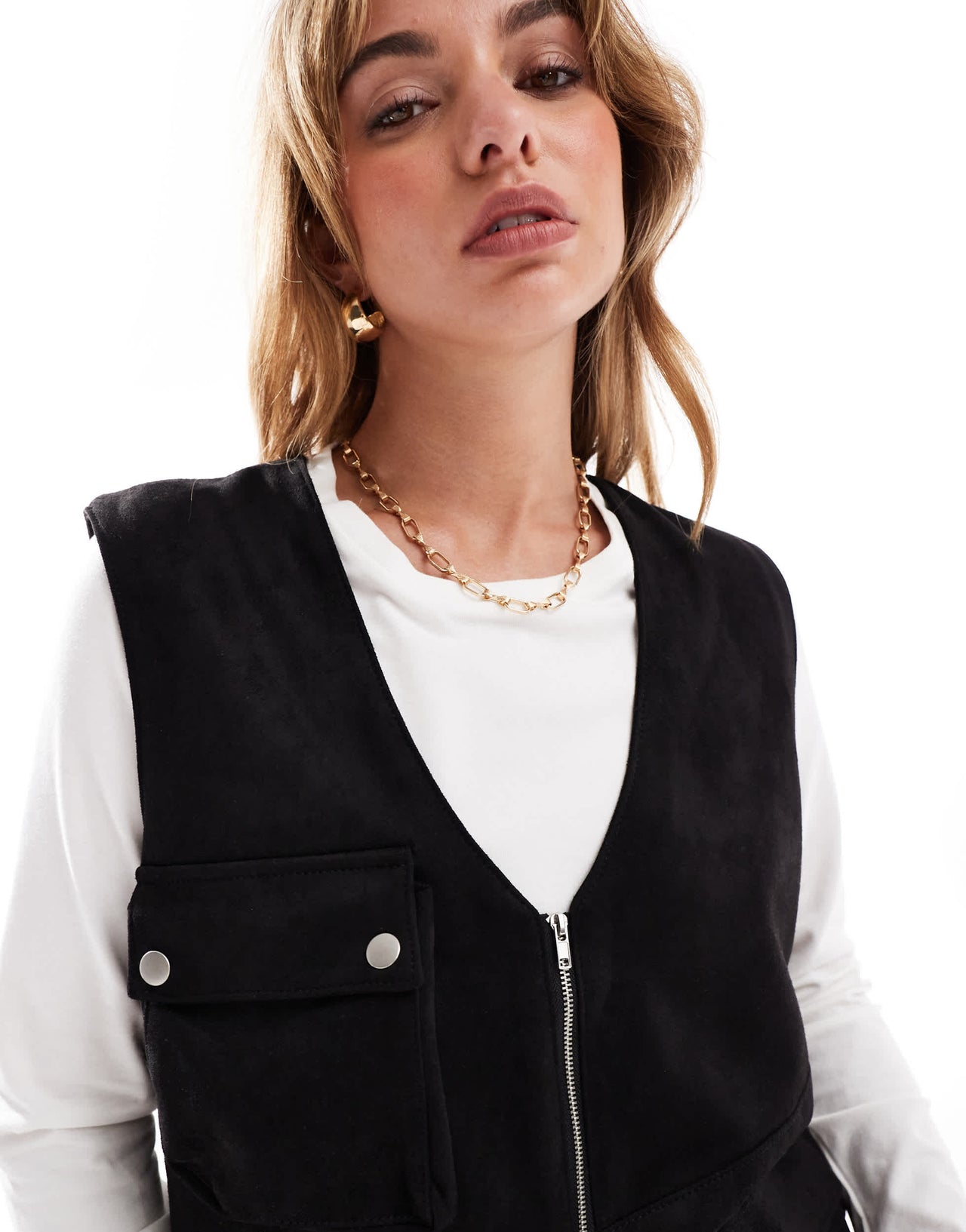 ASOS DESIGN suedette relaxed gilet with hardware details in black