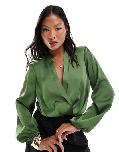ASOS DESIGN Petite shoulder pad plunge bodysuit in olive green