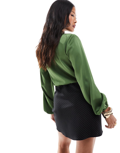 ASOS DESIGN Petite shoulder pad plunge bodysuit in olive green