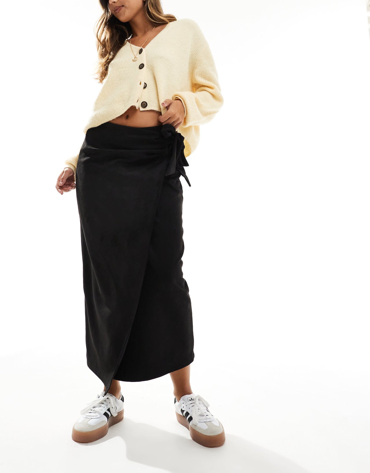 ASOS DESIGN wrap tie detail faux suede maxi skirt in black