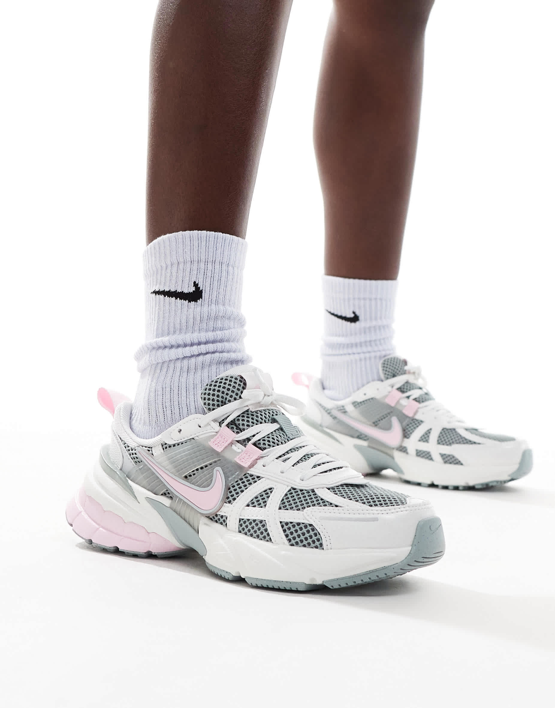 Nike V2K Run trainers in white and pink