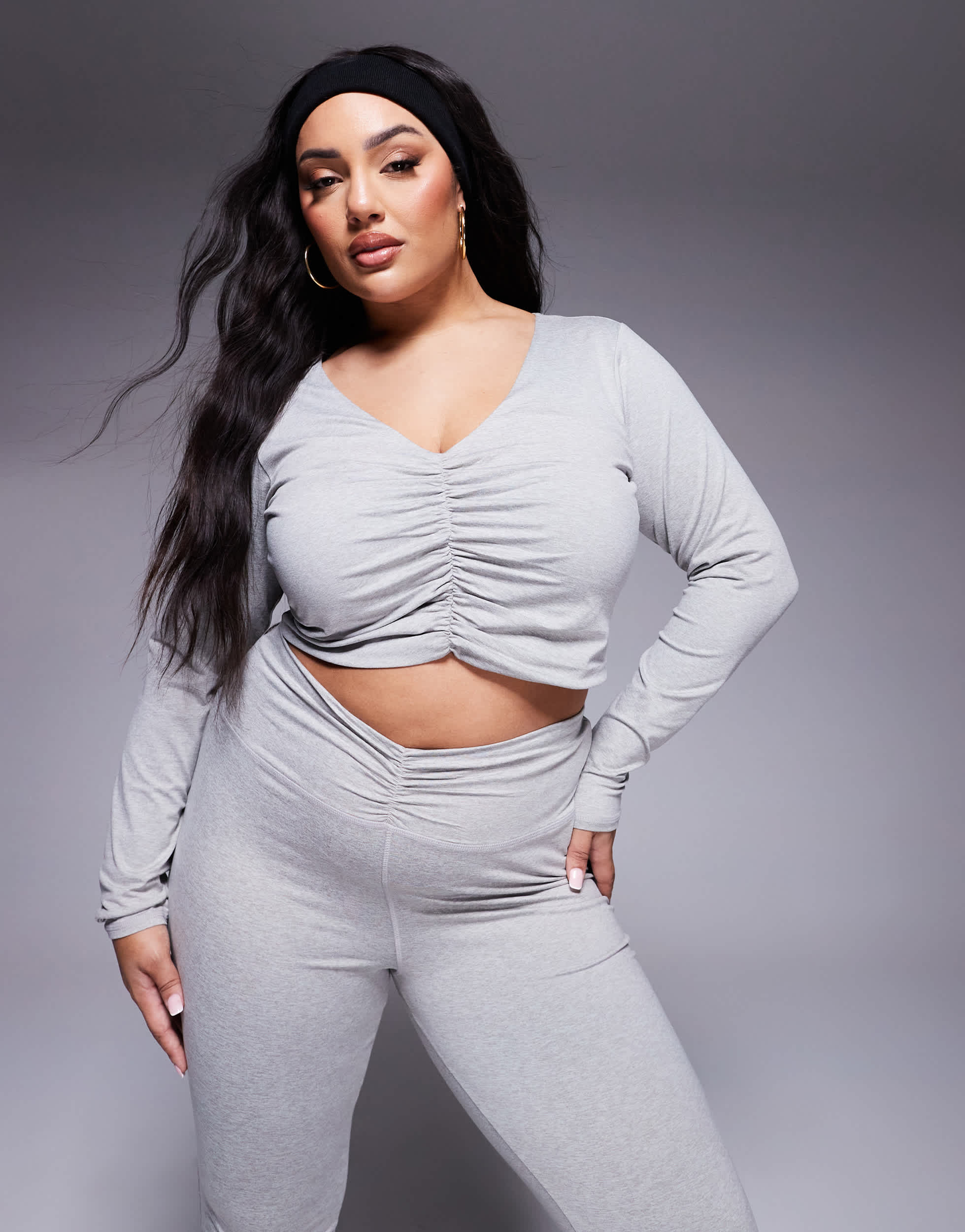 4505 Curve ruched front long sleeve active top in grey marl
