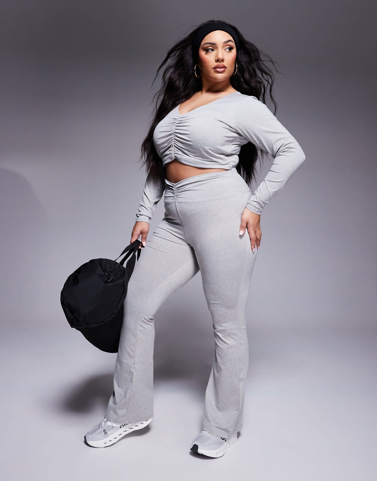 4505 Curve ruched front long sleeve active top in grey marl