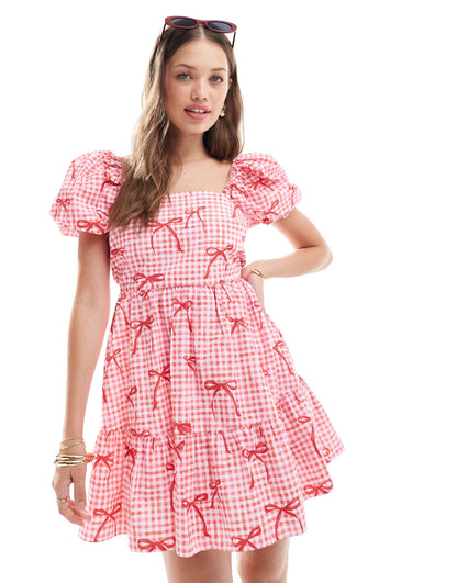 Miss Selfridge poplin tiered mini smock dress in pink gingham bow print