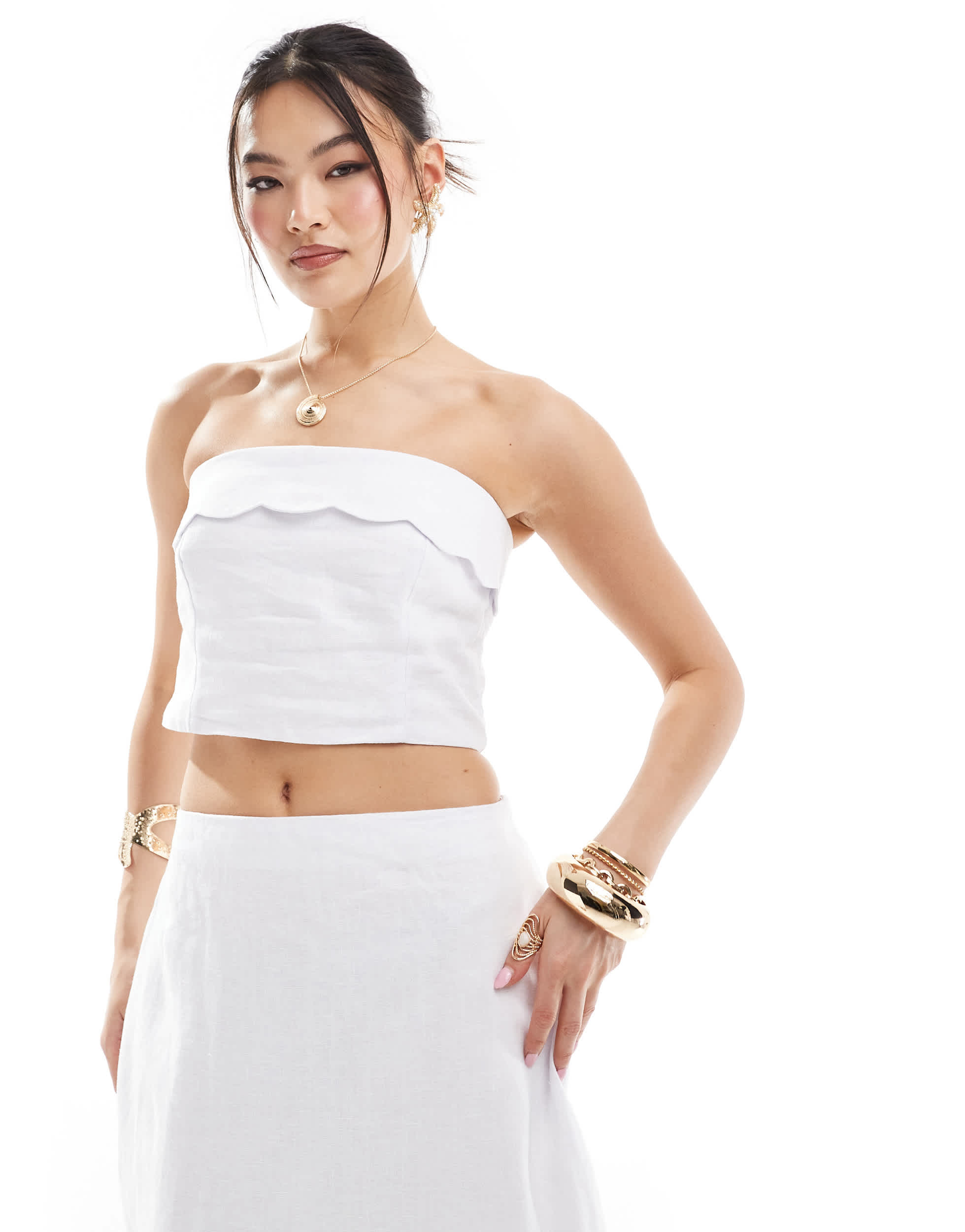 Abercrombie & Fitch co-ord linen scallop edged top in white