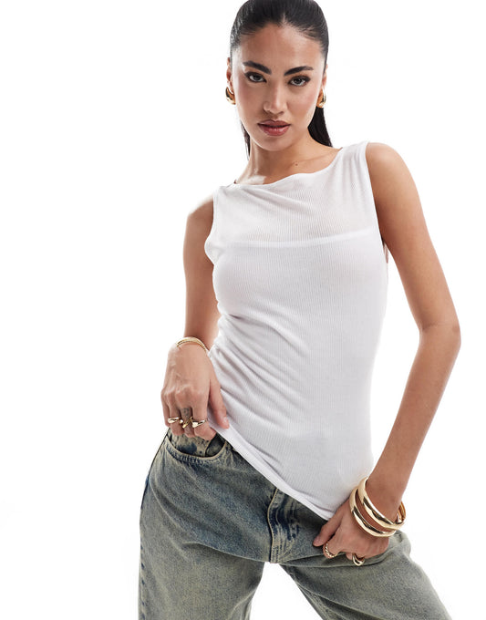 Abercrombie & Fitch slash layered sheer rib tank top in white