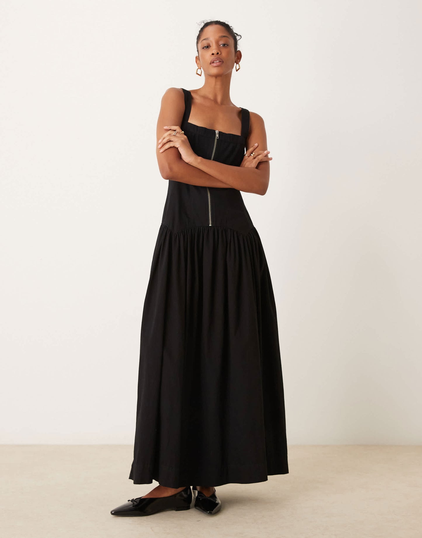 ASOS DESIGN midi zip front corset hem twill smock dress in black