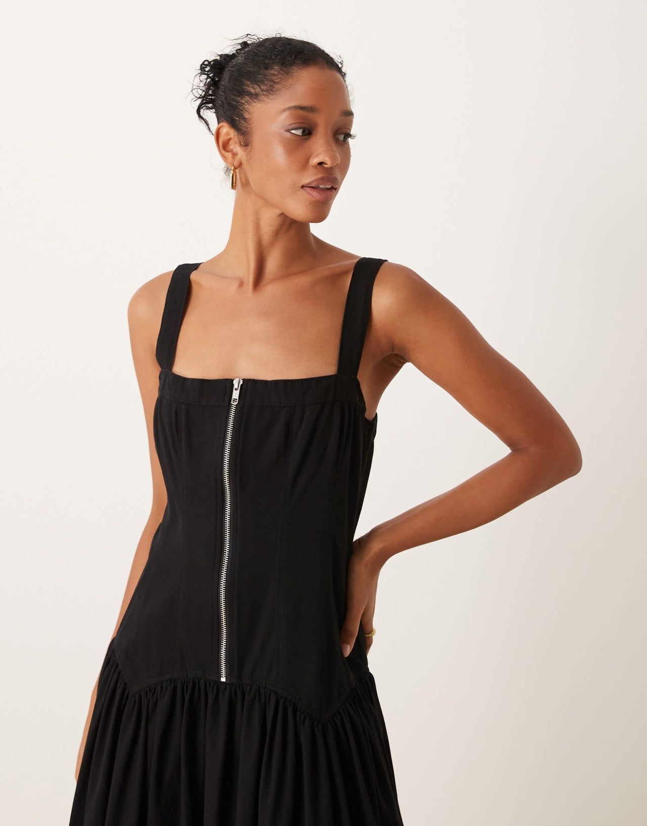 ASOS DESIGN midi zip front corset hem twill smock dress in black