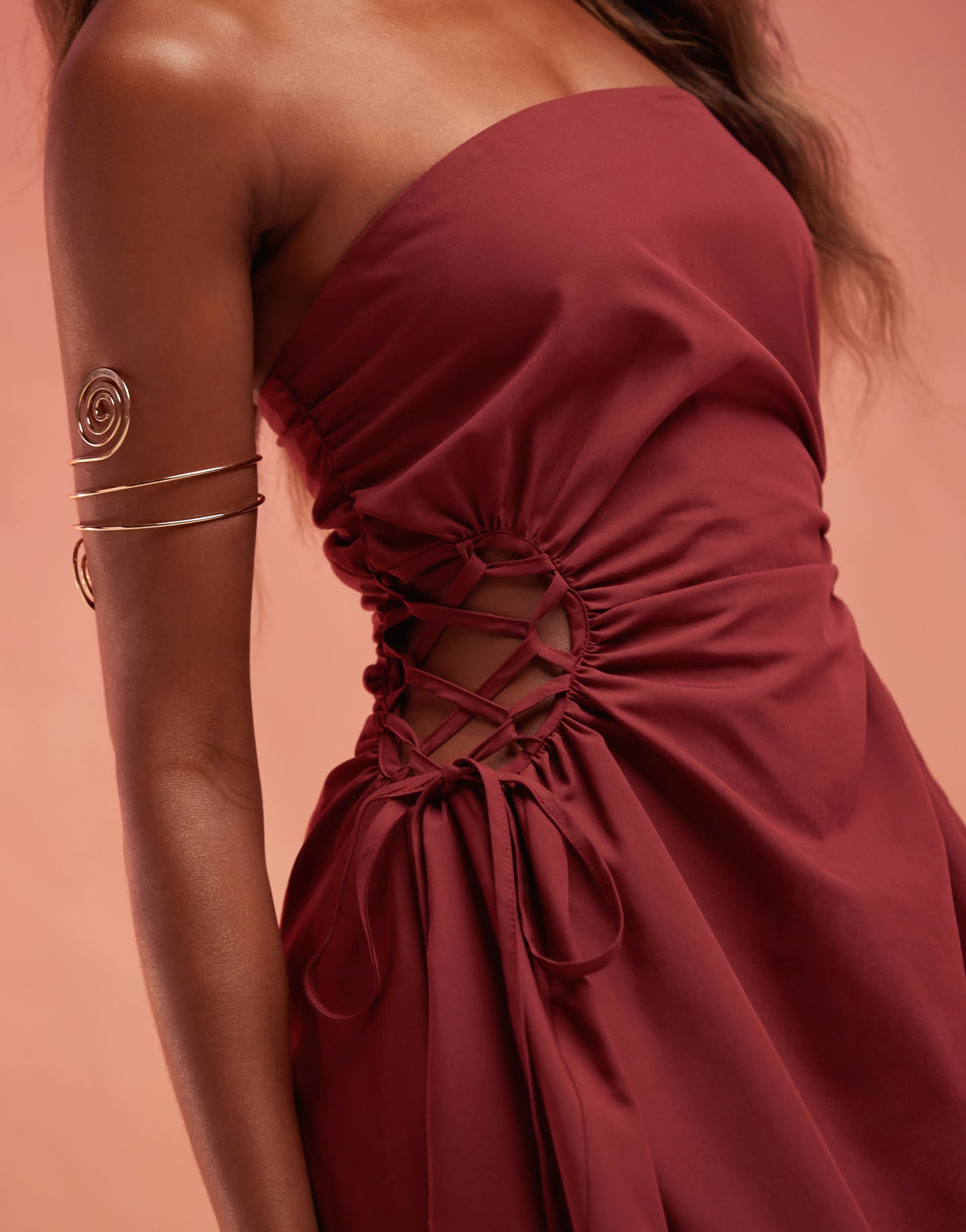 ASOS DESIGN bandeau midi with lattice detail waist in burgundy
