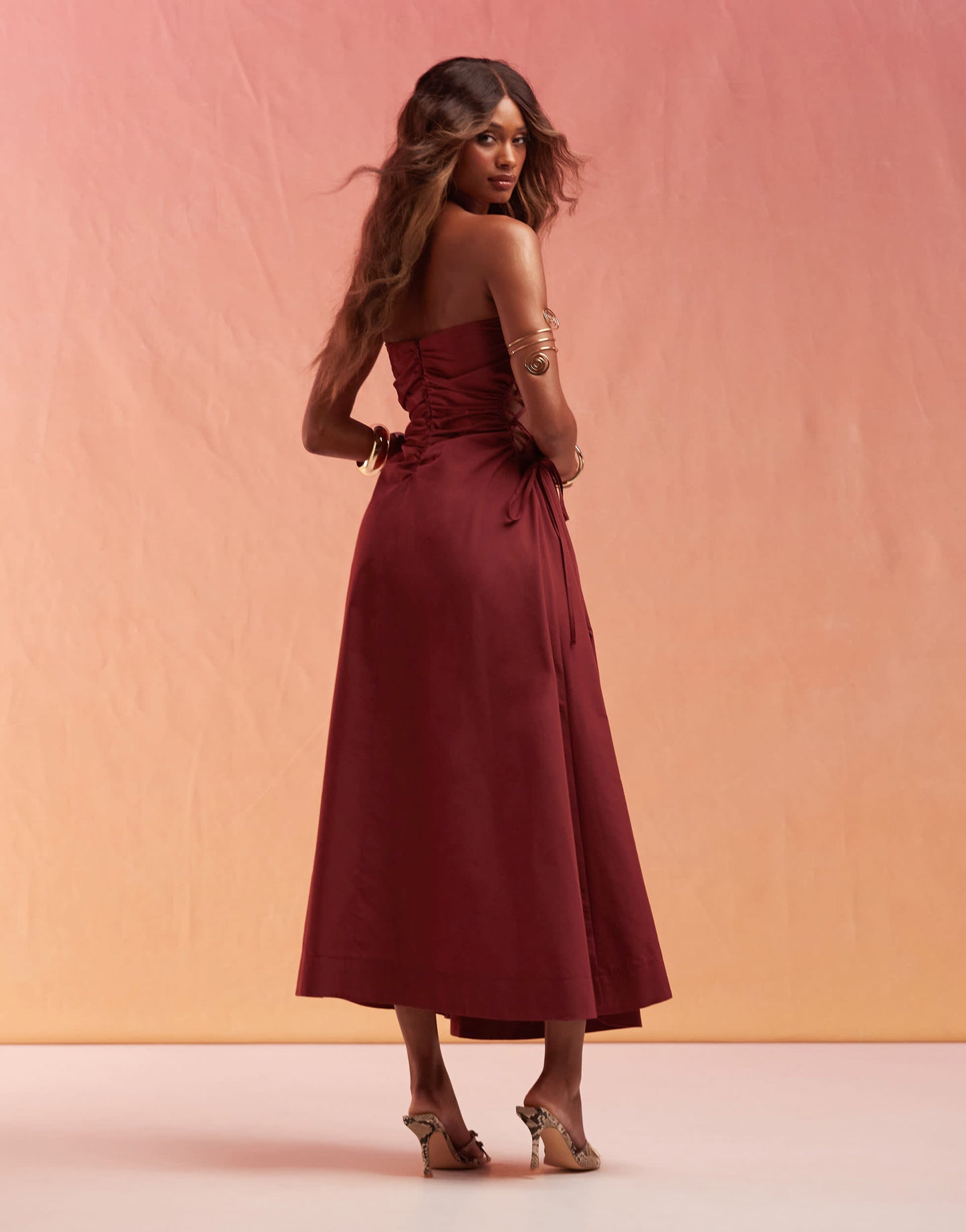 ASOS DESIGN bandeau midi with lattice detail waist in burgundy