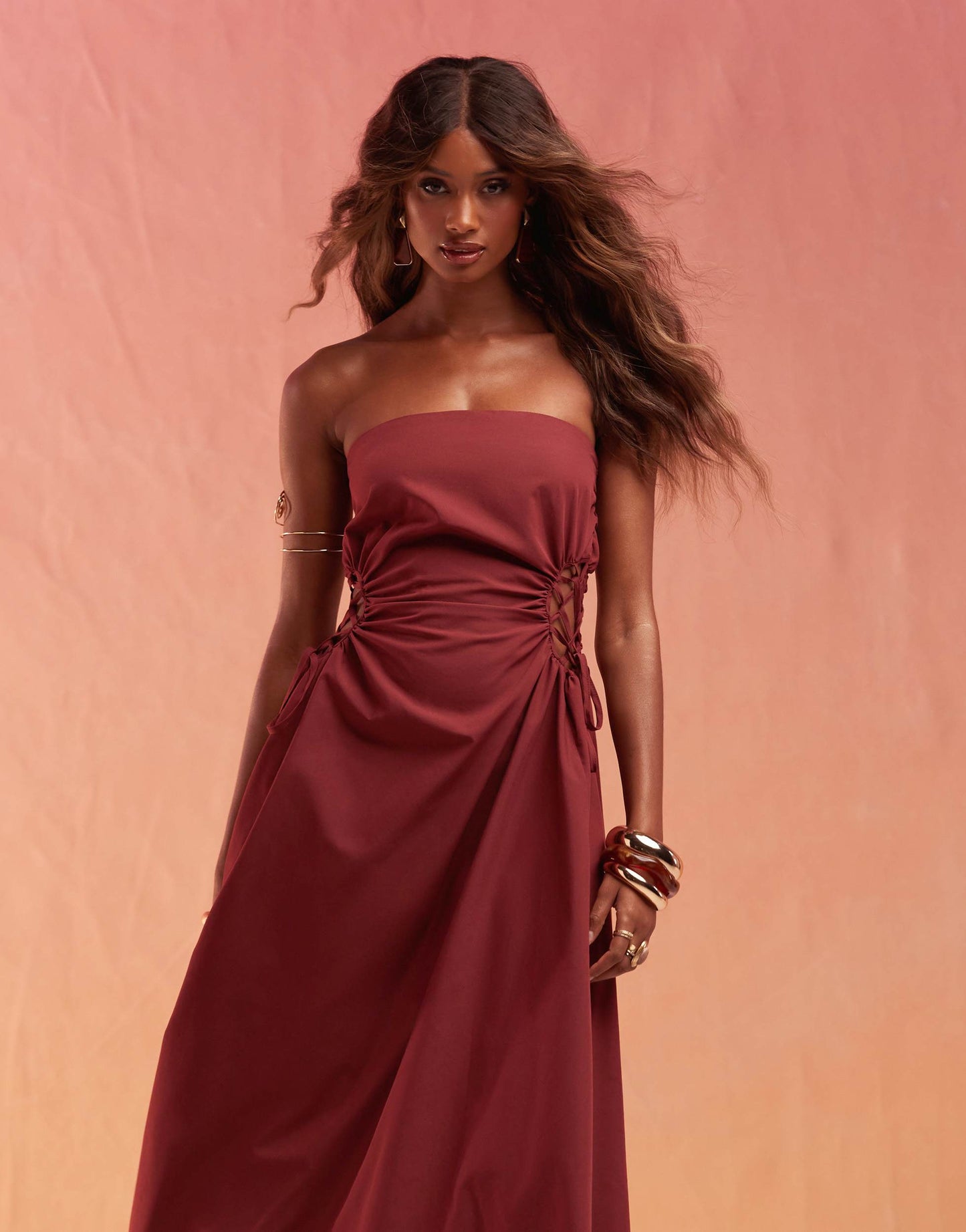 ASOS DESIGN bandeau midi with lattice detail waist in burgundy
