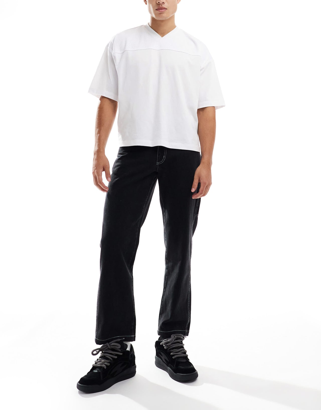 kickers wide leg worker pants in washed denim and embroidered logo