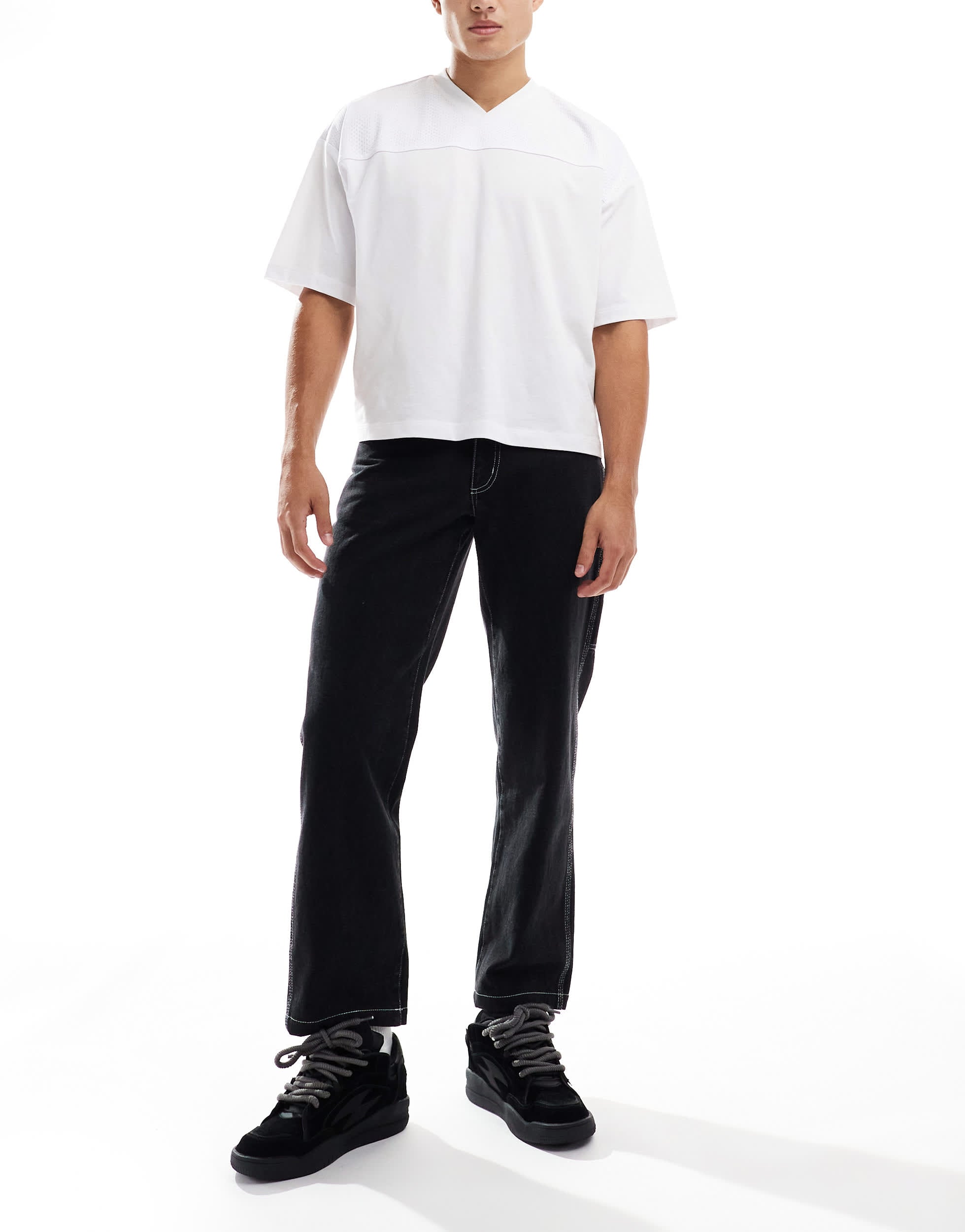 kickers wide leg worker pants in washed denim and embroidered logo