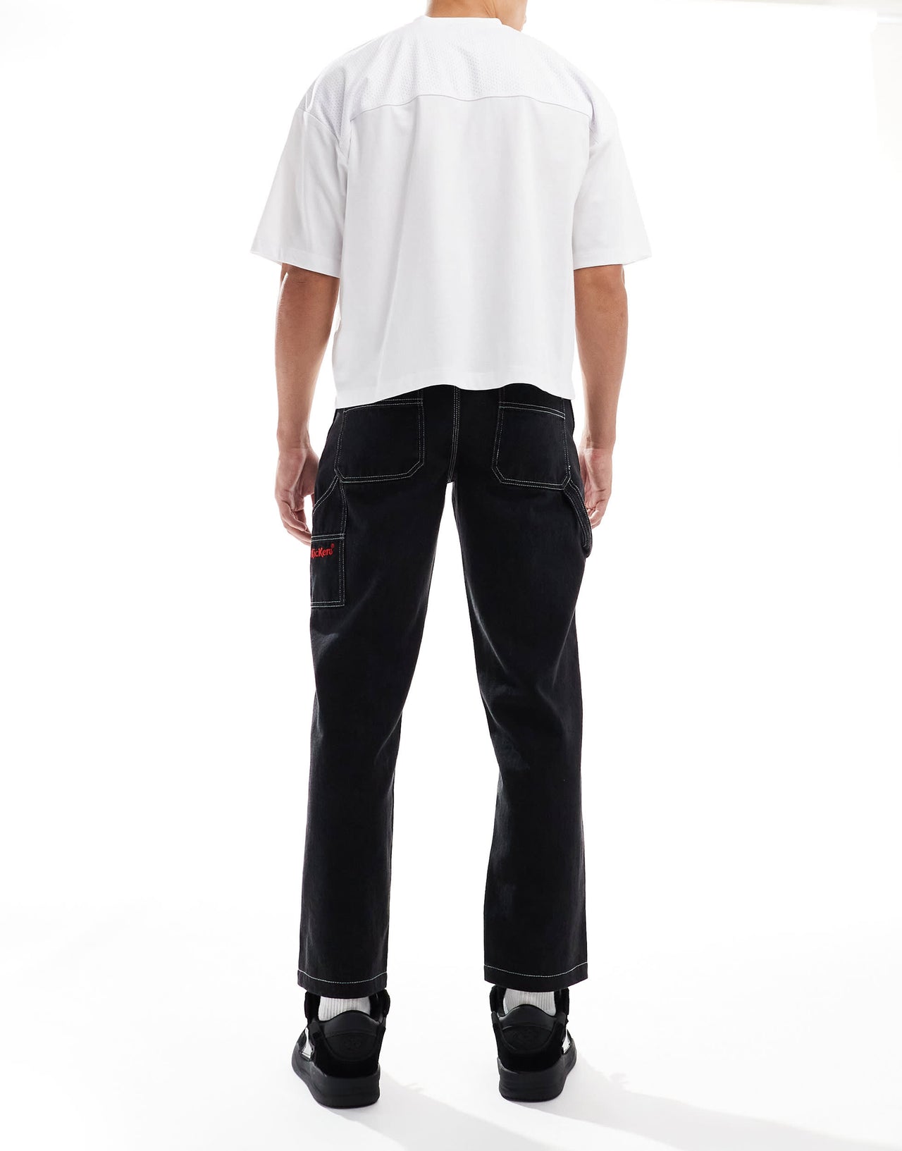 kickers wide leg worker pants in washed denim and embroidered logo