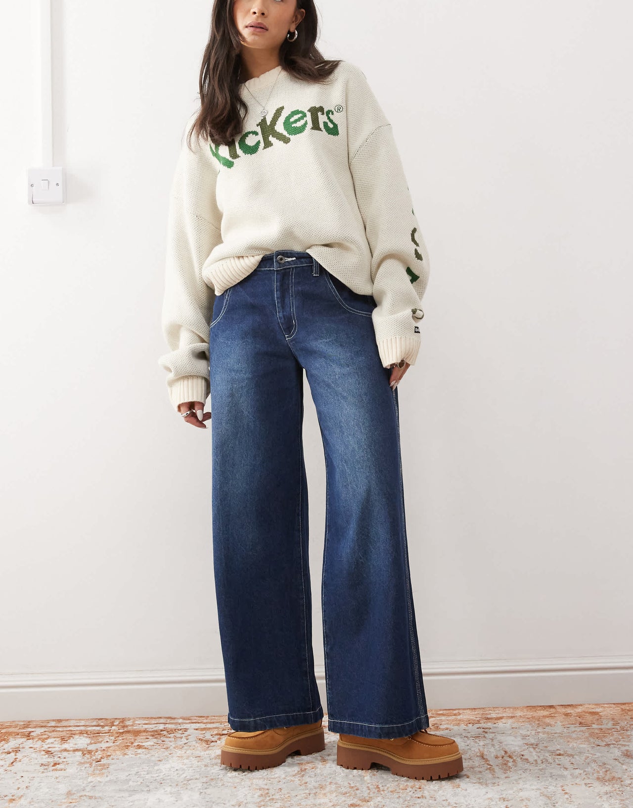 Kickers wide leg pocket detail jeans in washed indigo