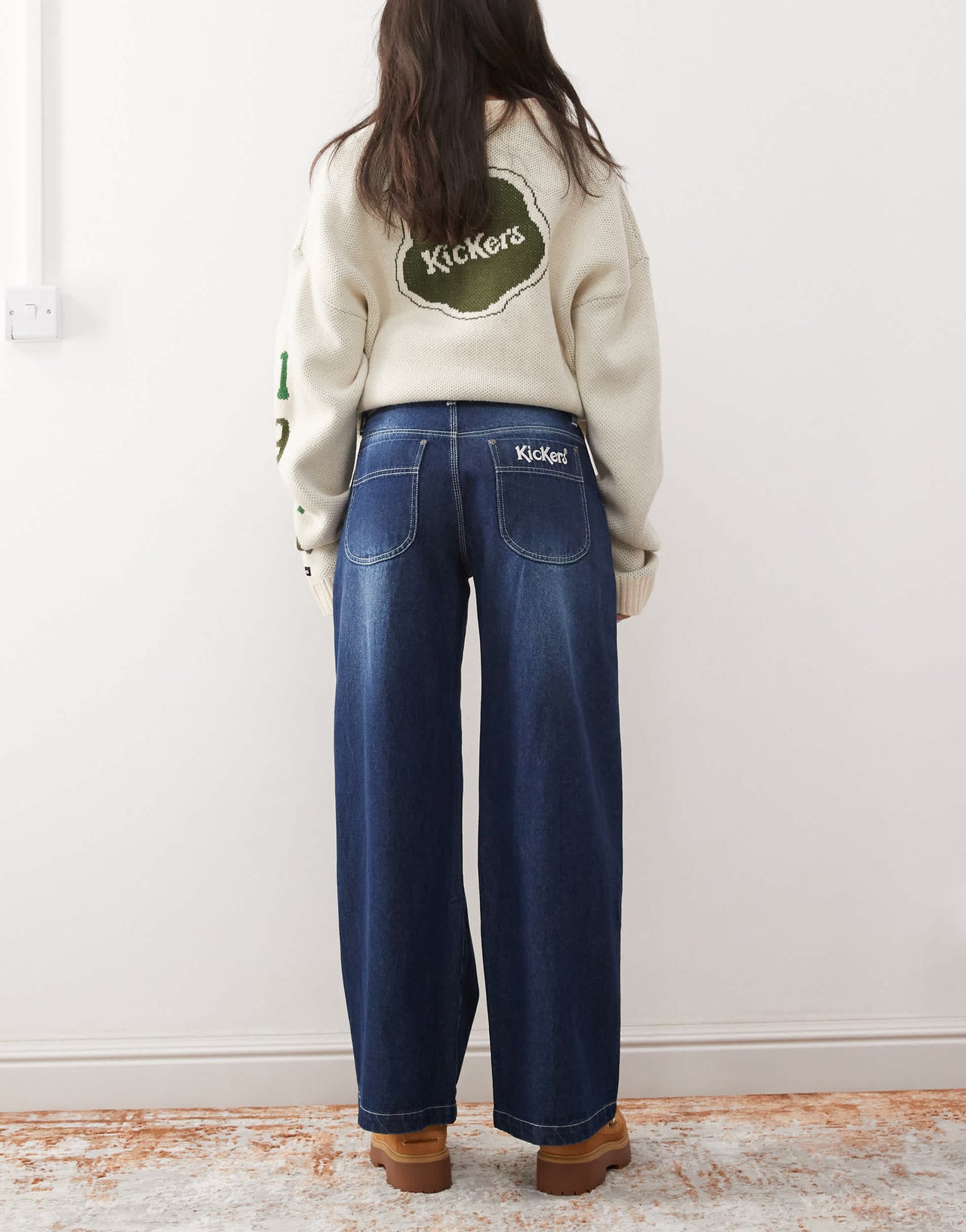 Kickers wide leg pocket detail jeans in washed indigo