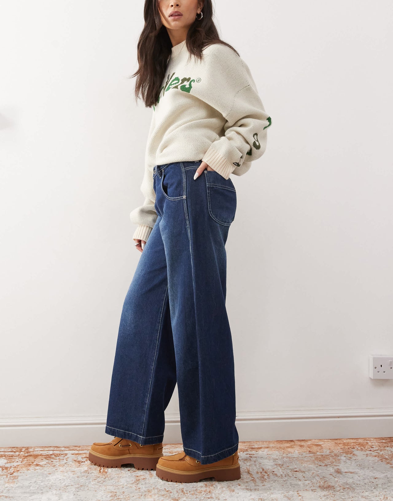 Kickers wide leg pocket detail jeans in washed indigo